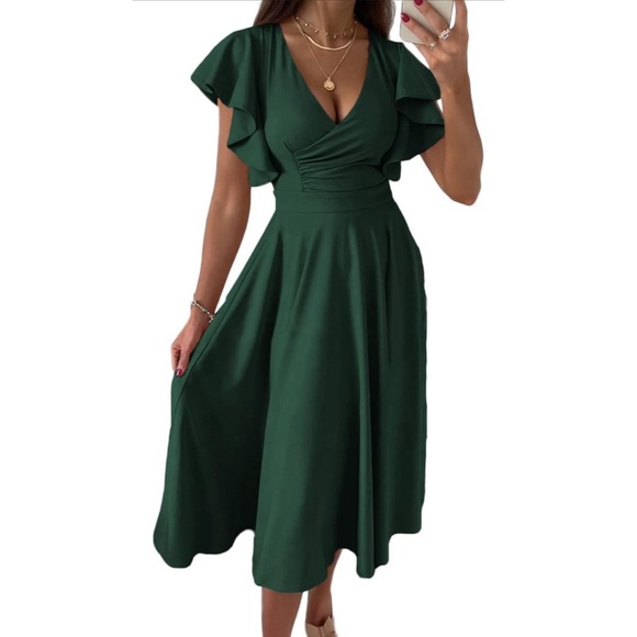 Amazon Dresses & Skirts - NWT Elegant Dark Green V-Neck Midi Dress with Flutter Sleeves.  So Pretty!